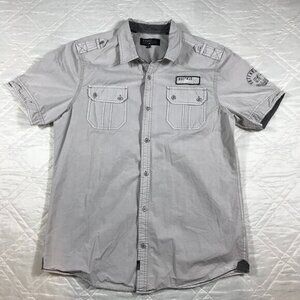 Buffalo Blu born to look unique 2 pocket‎ short sleeve gray button front shirt L